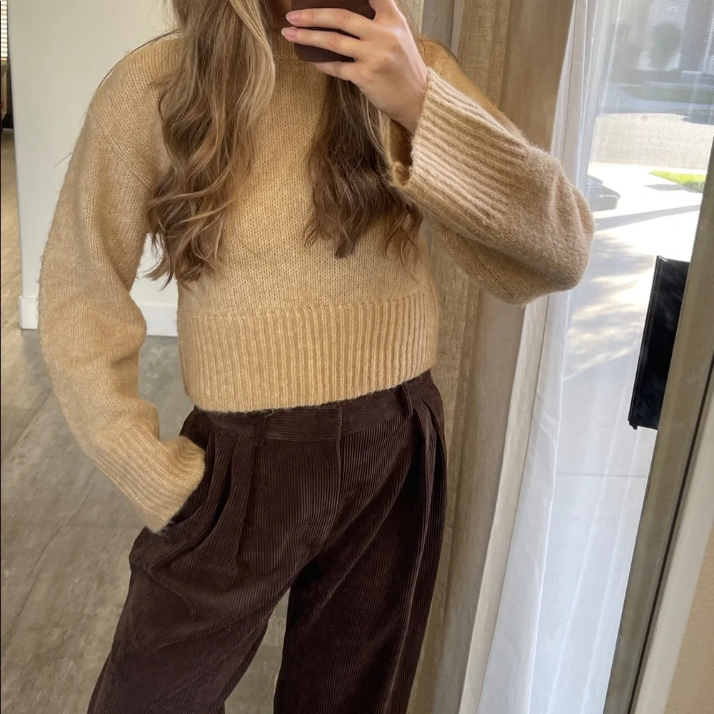 Zara Beige Ribbed Crew Neck Sweater - Picture 4 of 13